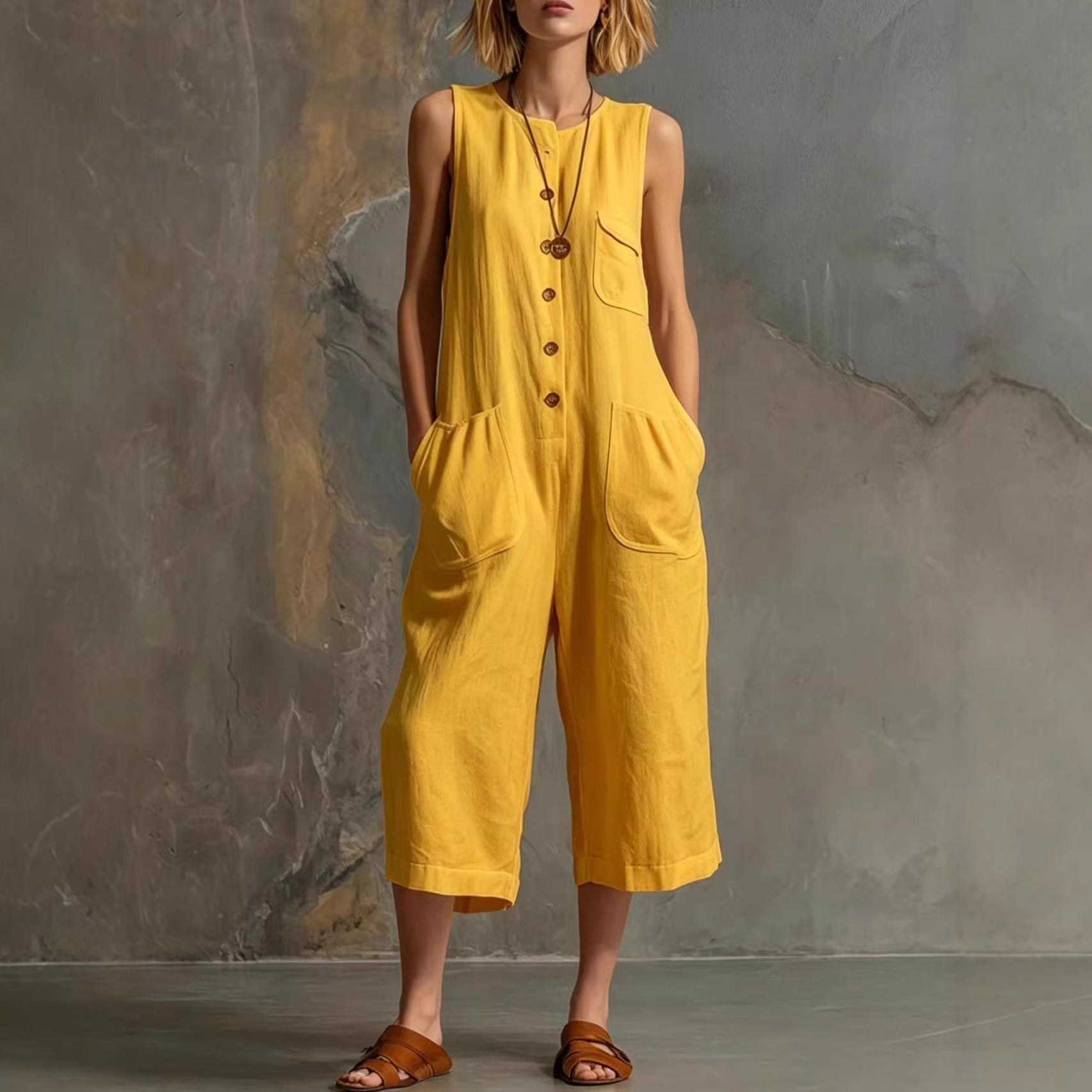 Person wearing a yellow sleeveless jumpsuit against a textured wall.