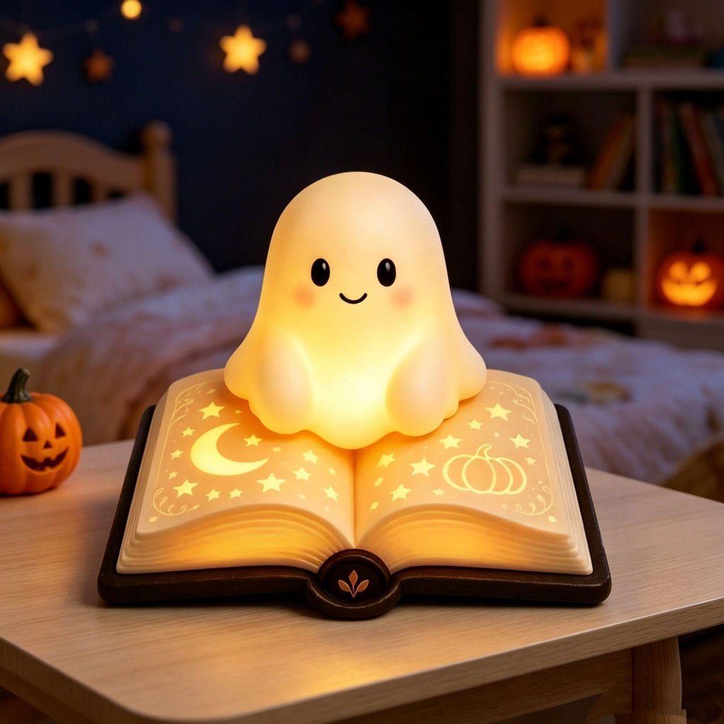 A cute ghost-shaped night light sitting on an open book lamp, glowing warmly in a cozy Halloween-themed bedroom setting.