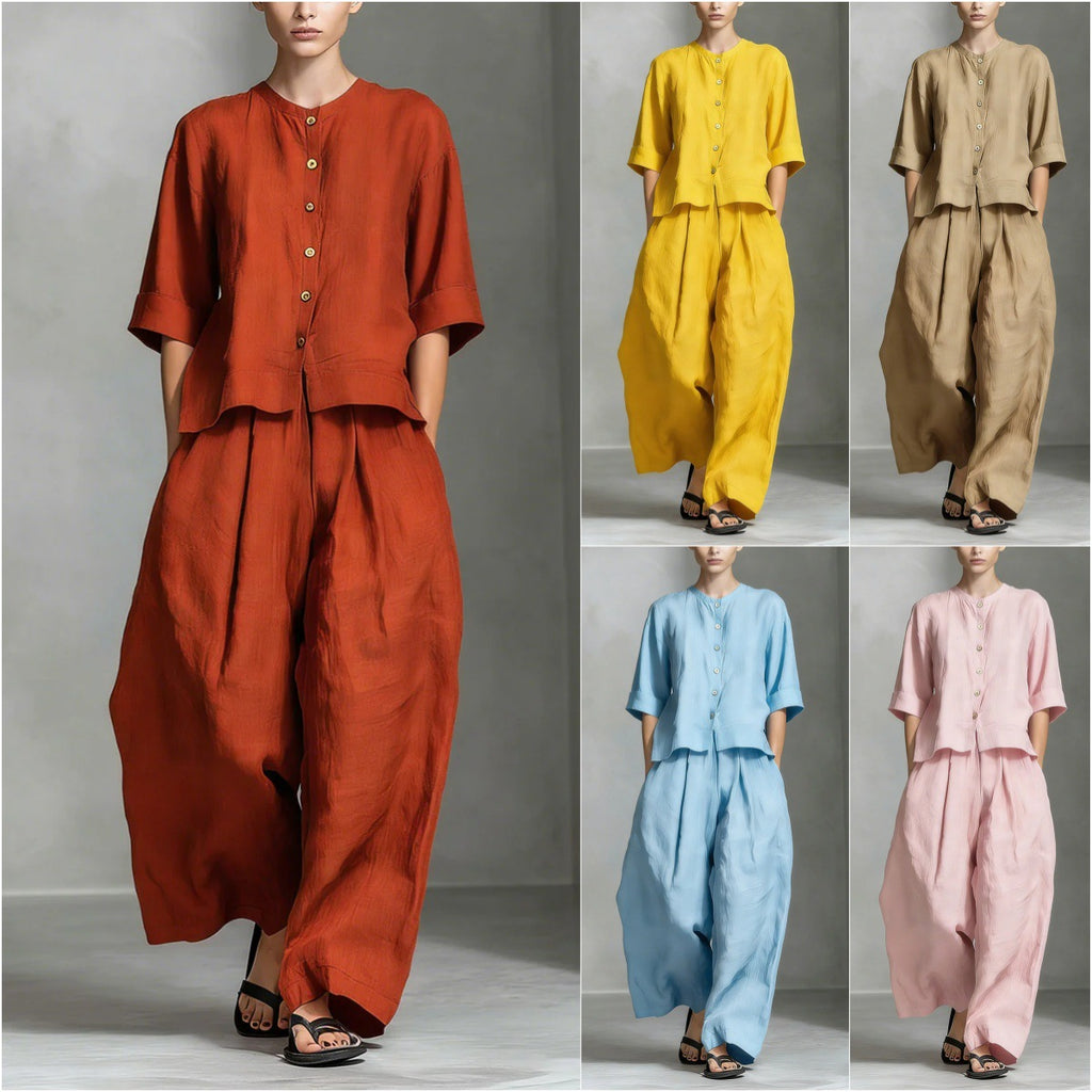 Collage of five different colored outfits worn by a model on a gray background