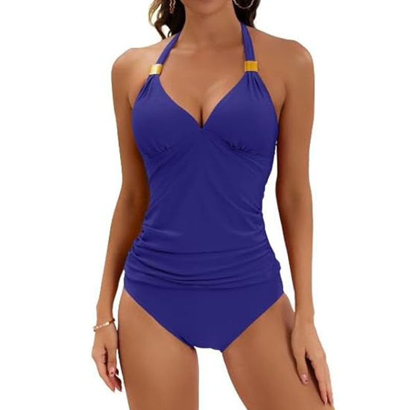 Blue swimsuit with gold accents on a white background