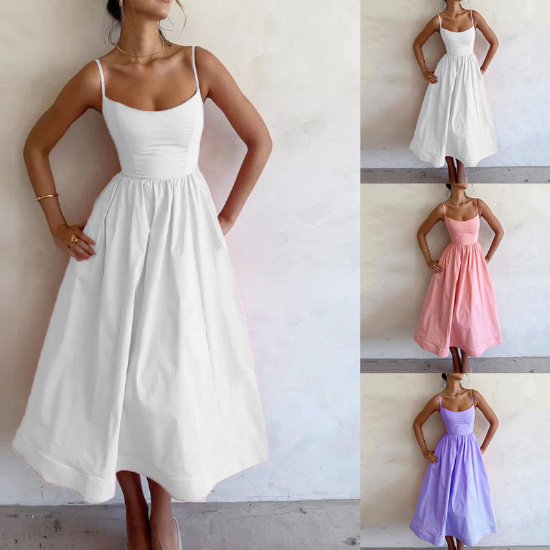 White, pink, and purple dresses worn by a model against a plain background