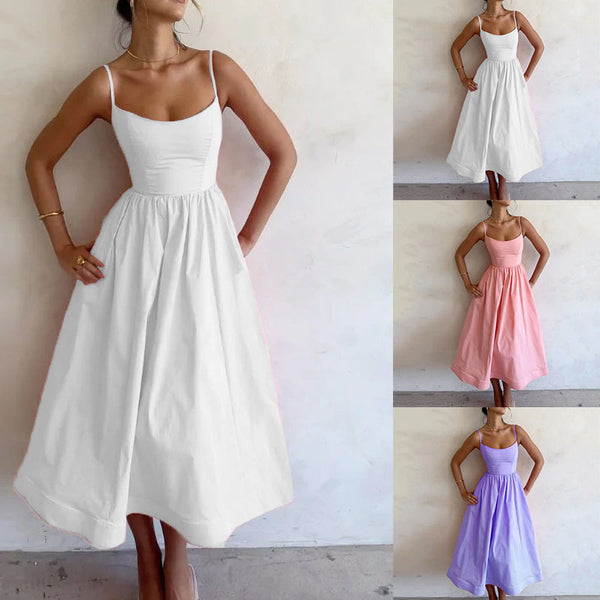 White, pink, and purple dresses worn by a model against a plain background