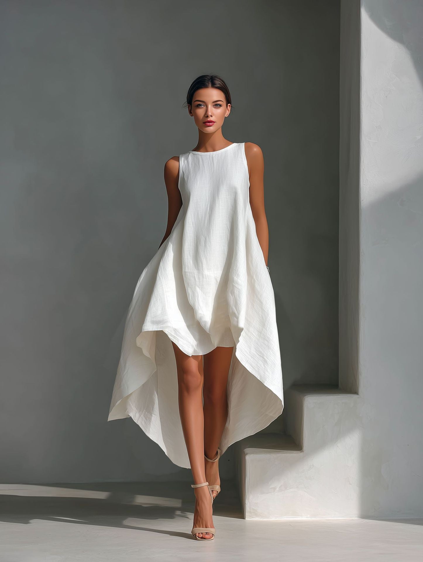 Woman wearing a white dress standing against a gray wall.
