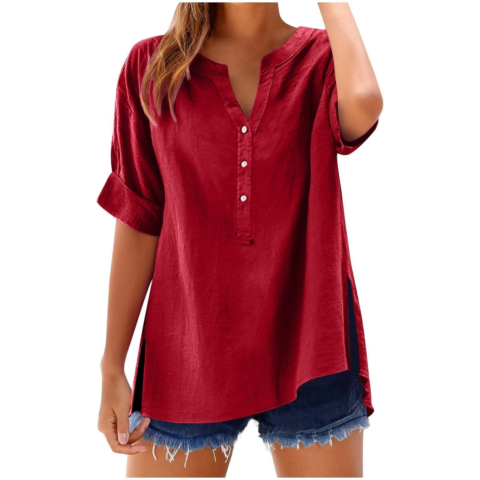 Red shirt worn by a person on a white background