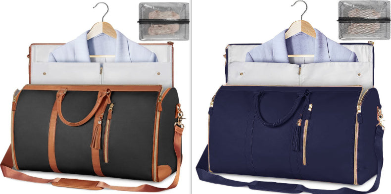 Two travel bags, one black with brown handles and the other navy blue, on hangers with shirts inside.