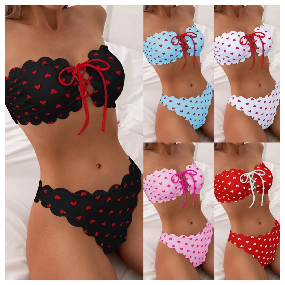 Collage of various bikini sets with different color combinations and patterns.