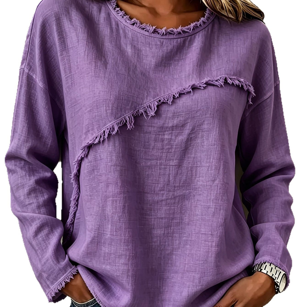 Purple sweater with frayed edges worn by a person on a white background