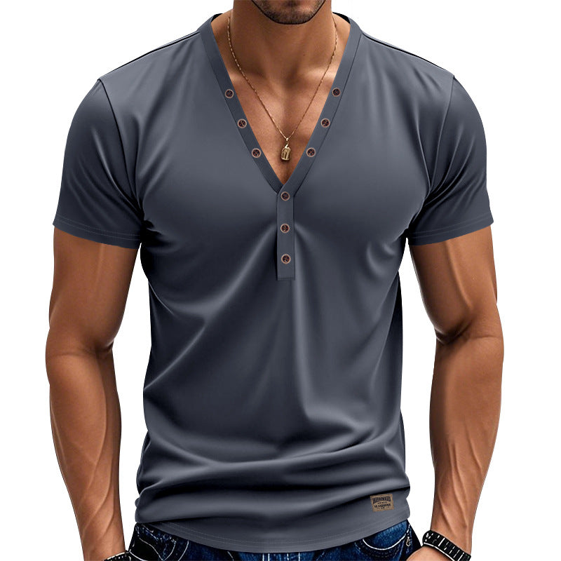 Gray henley shirt worn by a person on a white background