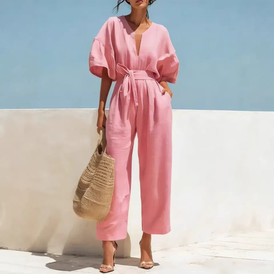 Fashionable V-Neck Cotton Linen Jumpsuit for Women – Solid Color Wide Leg