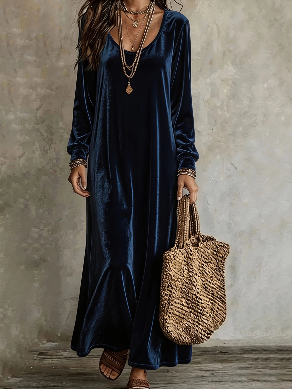 A woman wearing a long-sleeved navy blue velvet maxi dress, accessorized with layered gold necklaces, bracelets, and a woven straw tote bag, standing against a textured gray concrete wall.