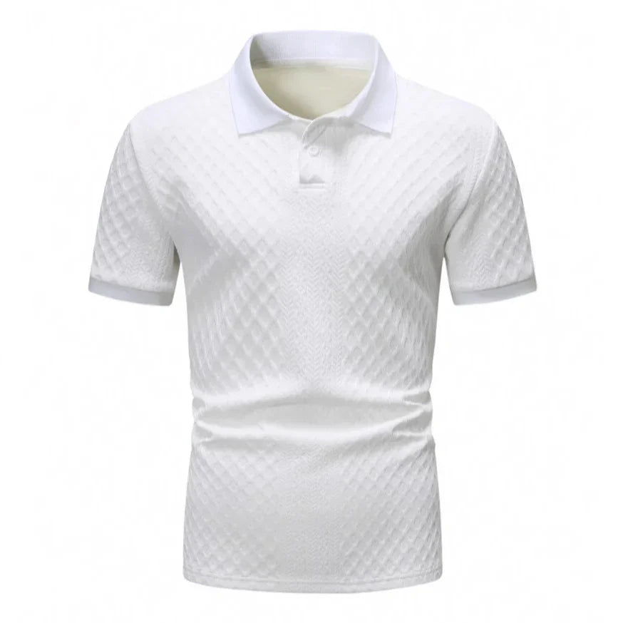 White short-sleeve polo shirt with a textured pattern on a white background