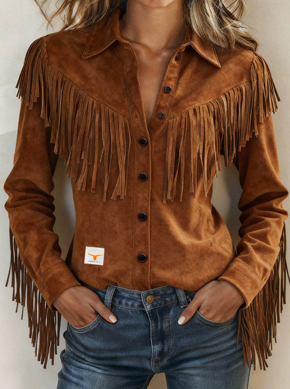 Brown suede fringe jacket worn by a person on a plain background