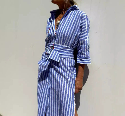 Striped Shirt Dress with Belt Half Sleeve Lapel Button Cardigan Dress Women's Fashion Clothing