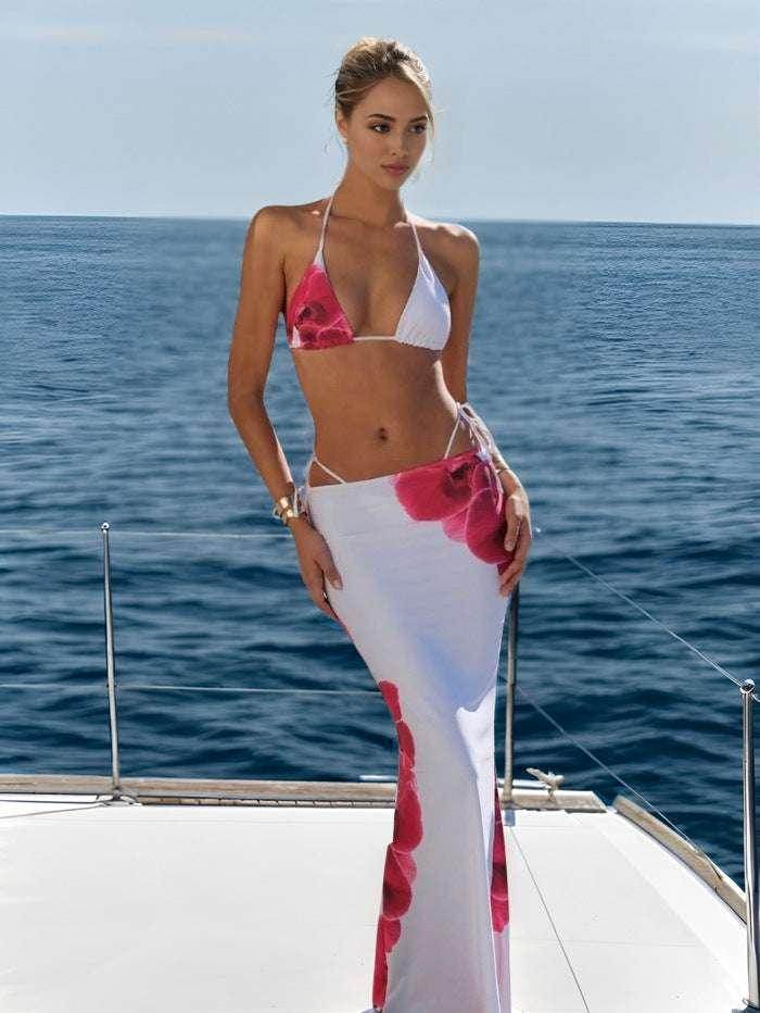 Printed Bandage Skirt Bikini – 3-Piece White Swimsuit - ZA-Zola