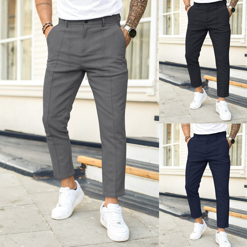 Three different pairs of pants worn by a person outdoors.