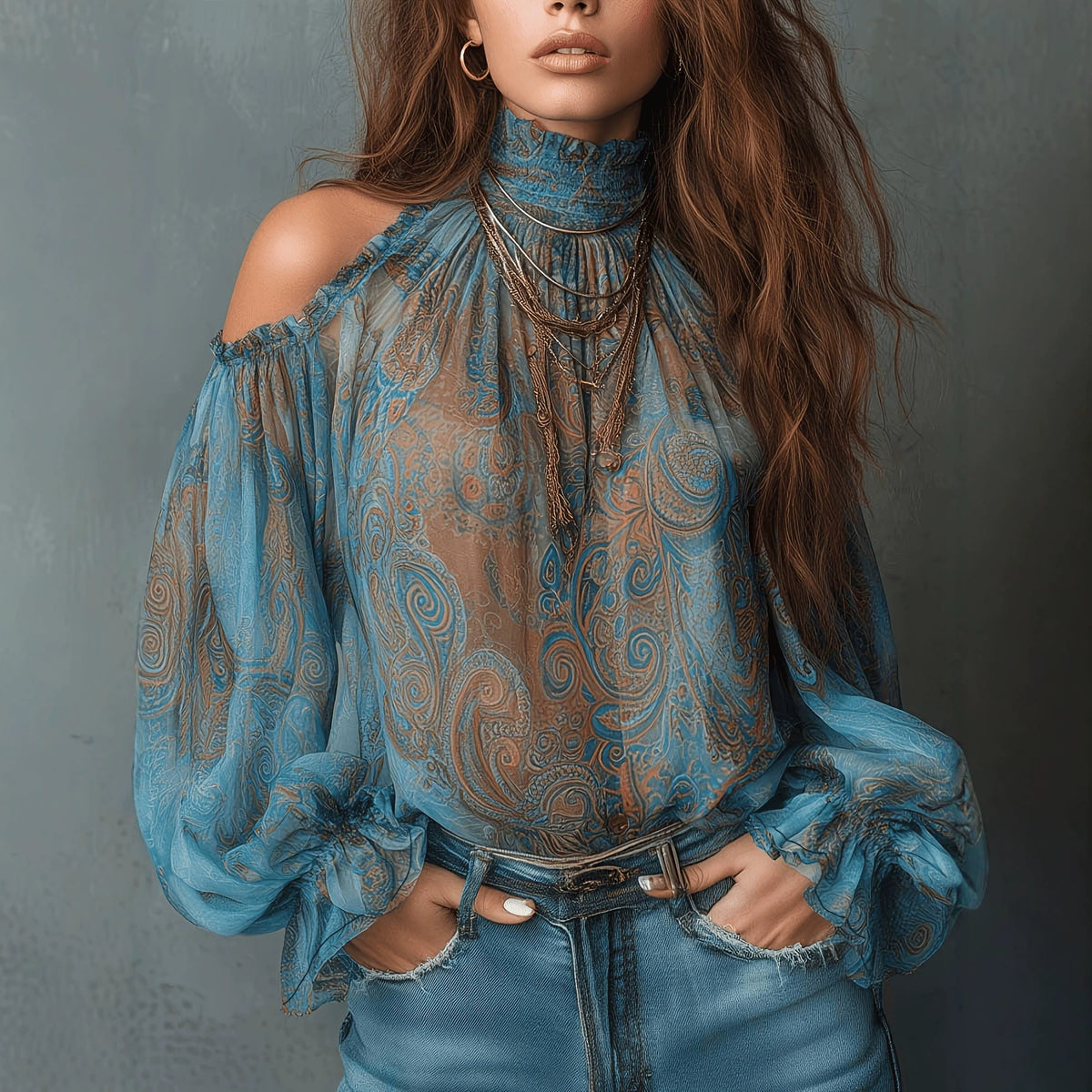 Woman wearing a blue patterned blouse with long hair against a gray background