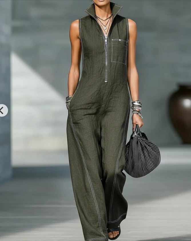 Stand-Up Collar Jumpsuit With Pockets – Casual Sleeveless Wide Leg Summer Women Outfit