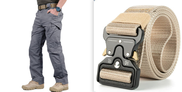 Tactical belt with a metal buckle on a white background