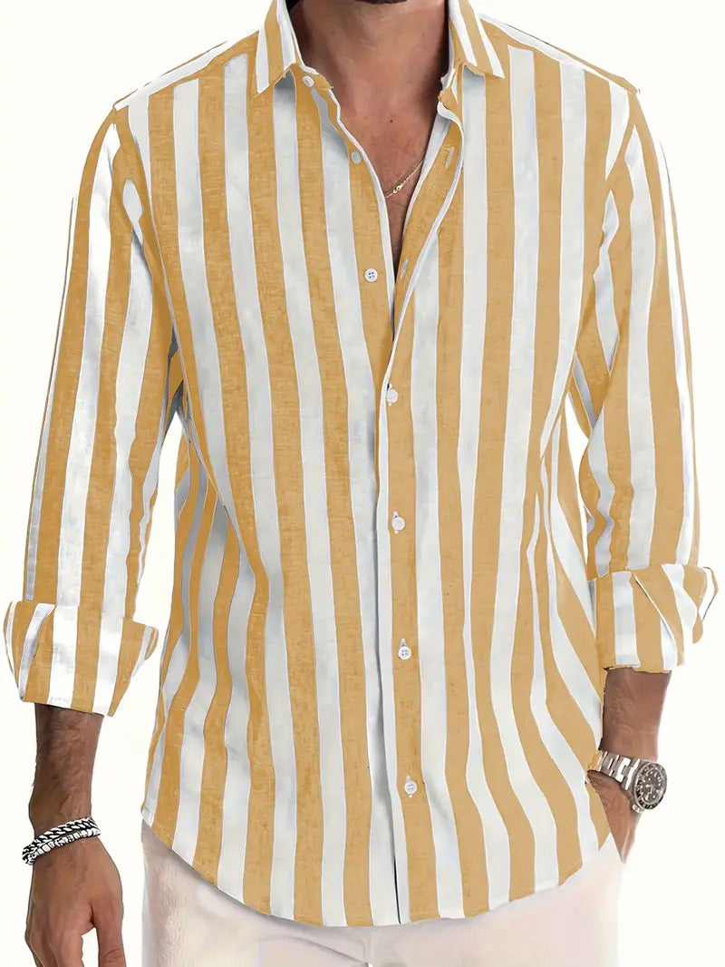 Man wearing a yellow and white striped shirt on a white background