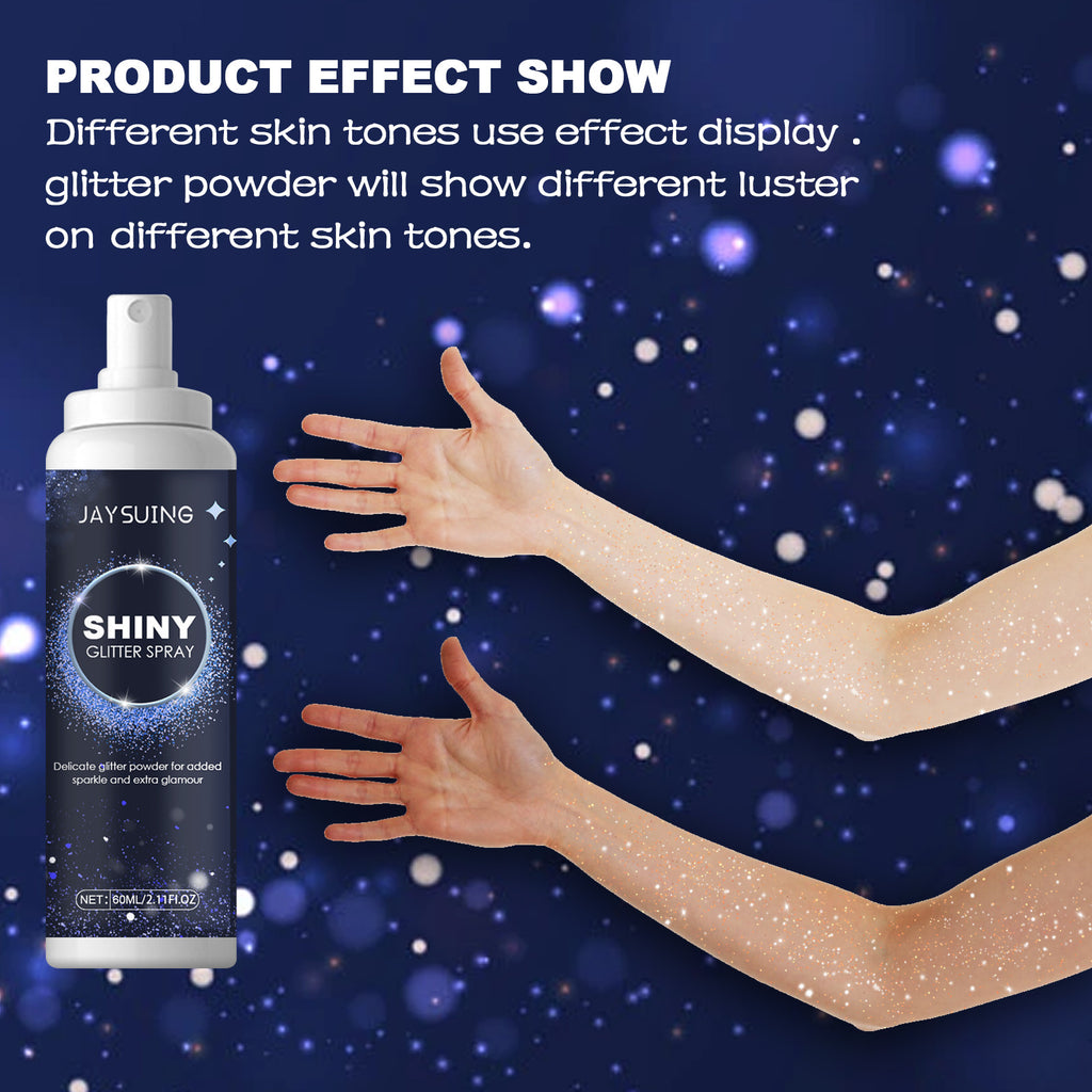 Shiny Glitter Spray bottle with hands showing glitter effect on skin against a dark blue background