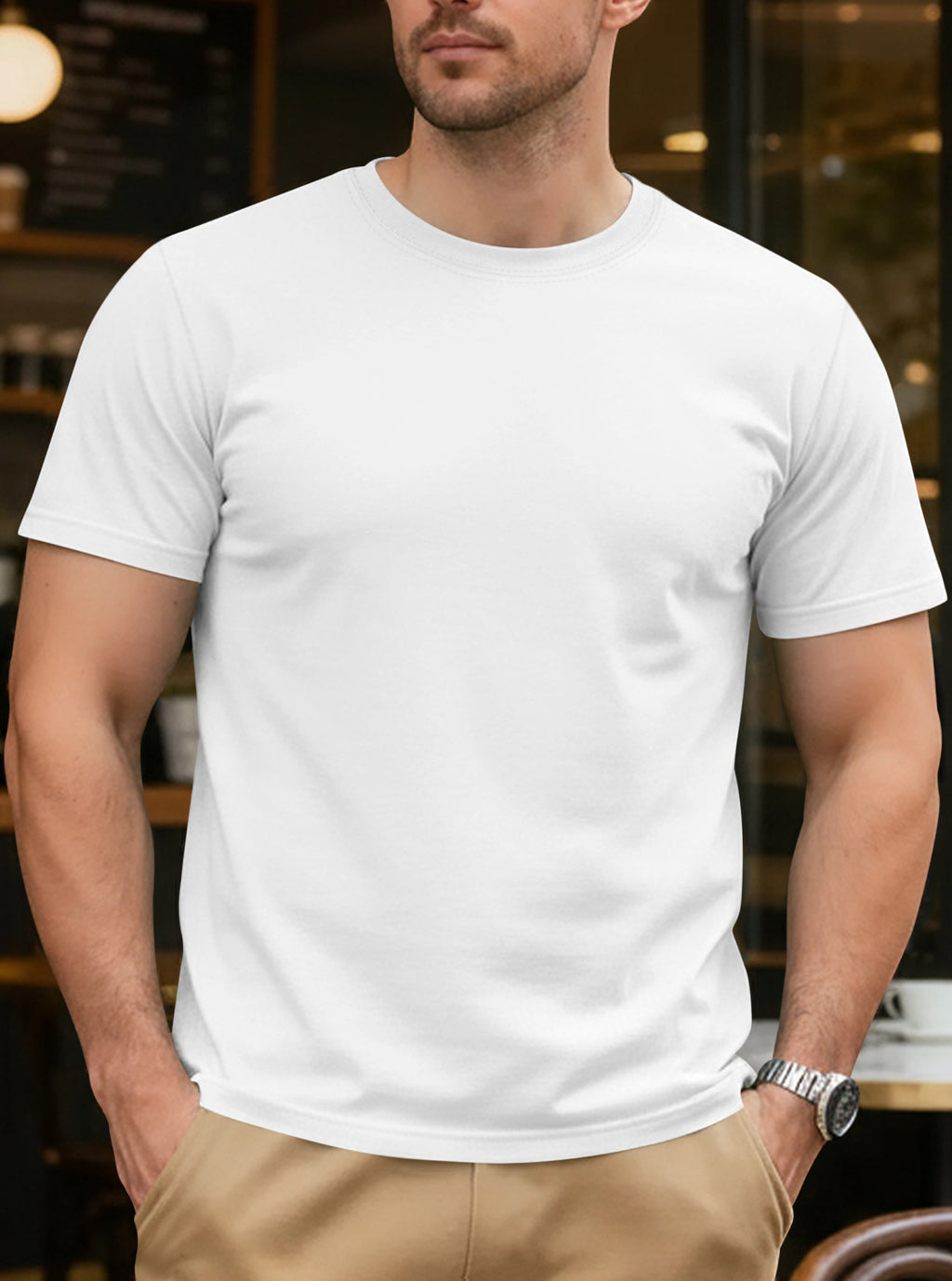 Man wearing a plain white t-shirt in an indoor setting