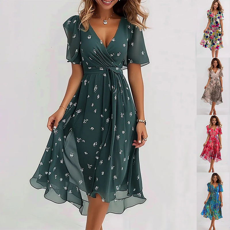 Chiffon Printed Short Sleeve V-Neck Summer Dress Elegant Women’s Midi Dress