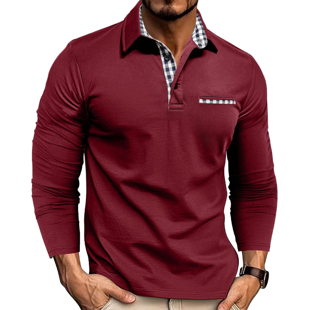 Men’s Plaid Splicing Polo Shirt – Casual Long Sleeve Lapel Top