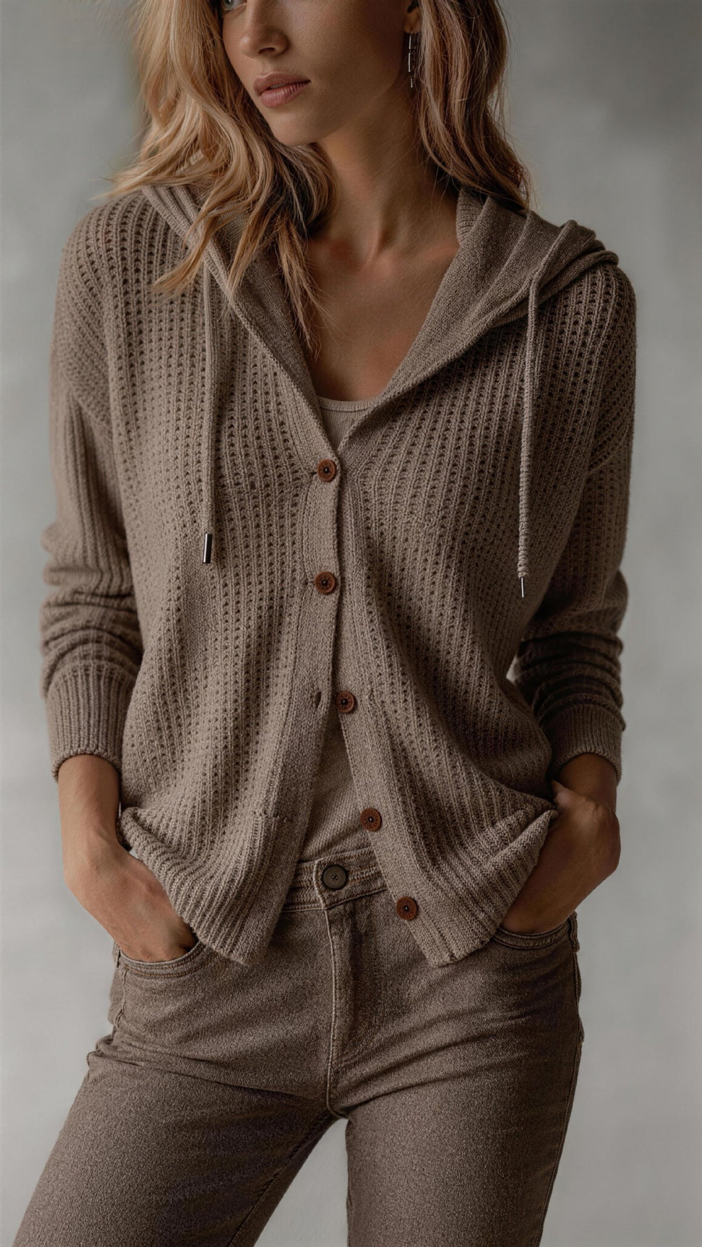 Woman wearing a brown knitted cardigan with a neutral background