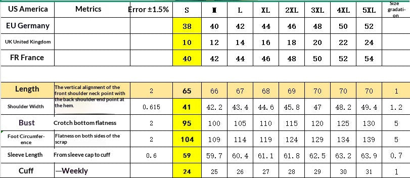 A size chart table for a fringed brown jacket, showing measurements in US America, EU Germany, UK, and FR France for sizes S through 5XL, with a model photo at the top illustrating the fit.