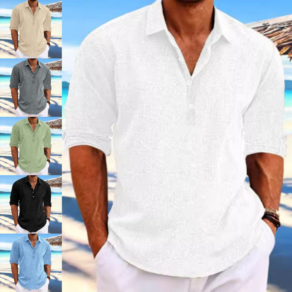 Man wearing a white textured shirt with beach background