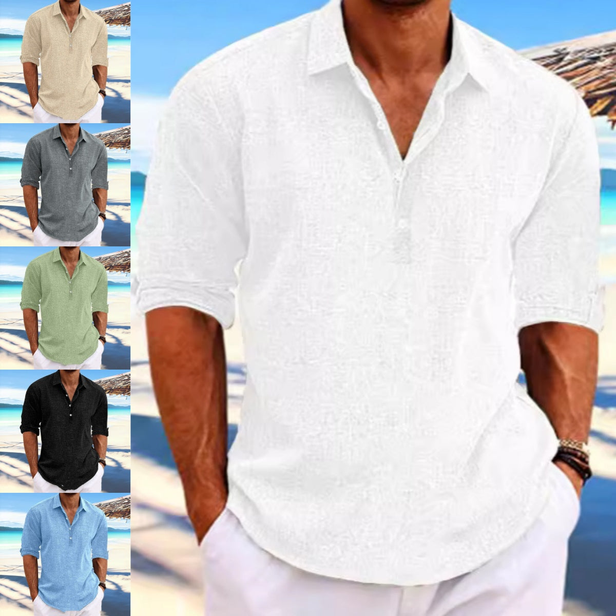 Man wearing a white textured shirt with beach background