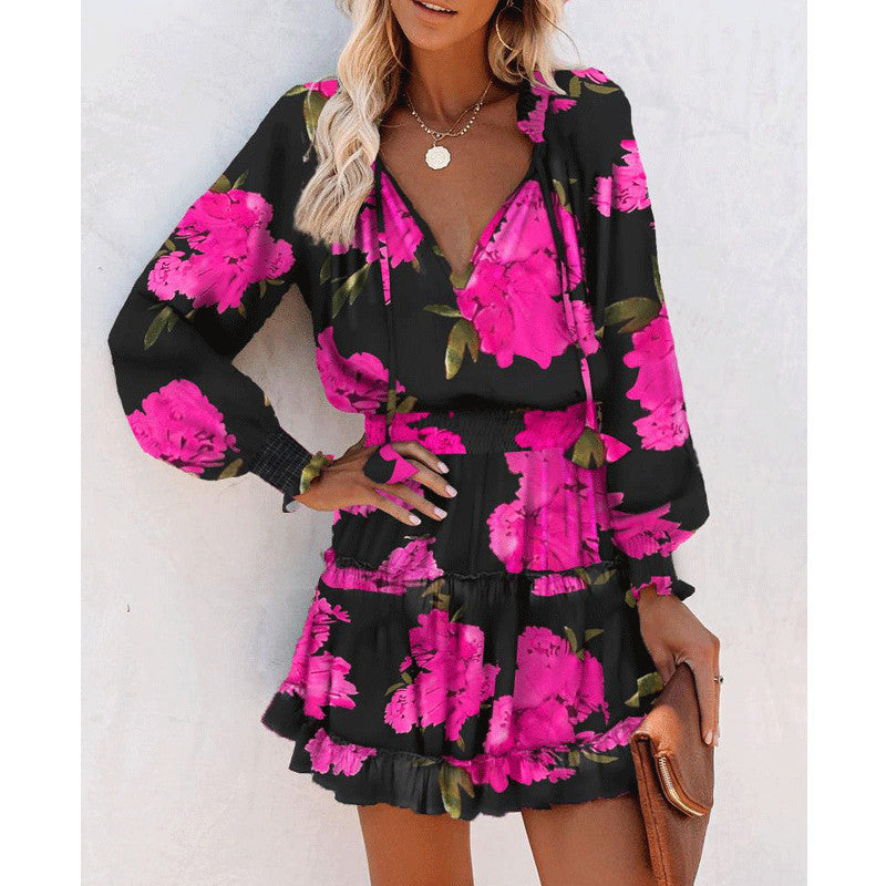 Floral Print Puff Sleeve Long Sleeve Dress – Fashion Patchwork Waist Tie Women's Clothing