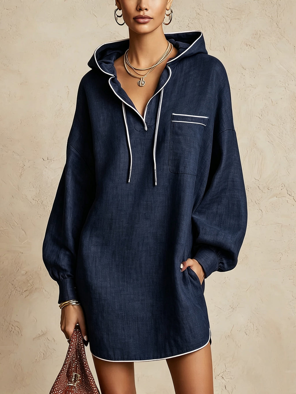 A woman models an oversized navy blue hooded shirt dress with white contrast piping and drawstrings, set against a textured beige wall.
