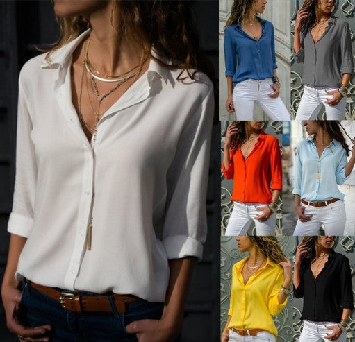 White blouse with a zipper detail worn by a model, shown in various color combinations with white pants.