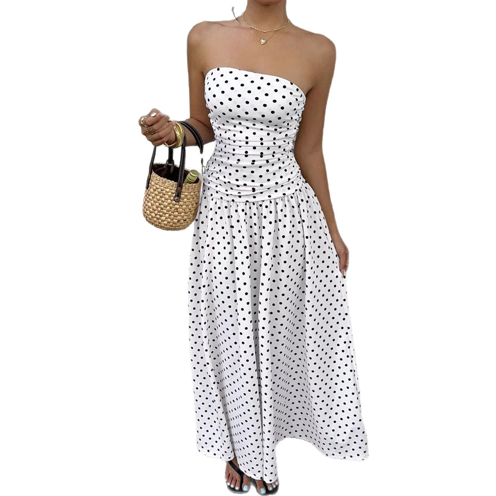 Elegant Polka Dot Off Shoulder Dress – Strapless High Waist Party Outfit