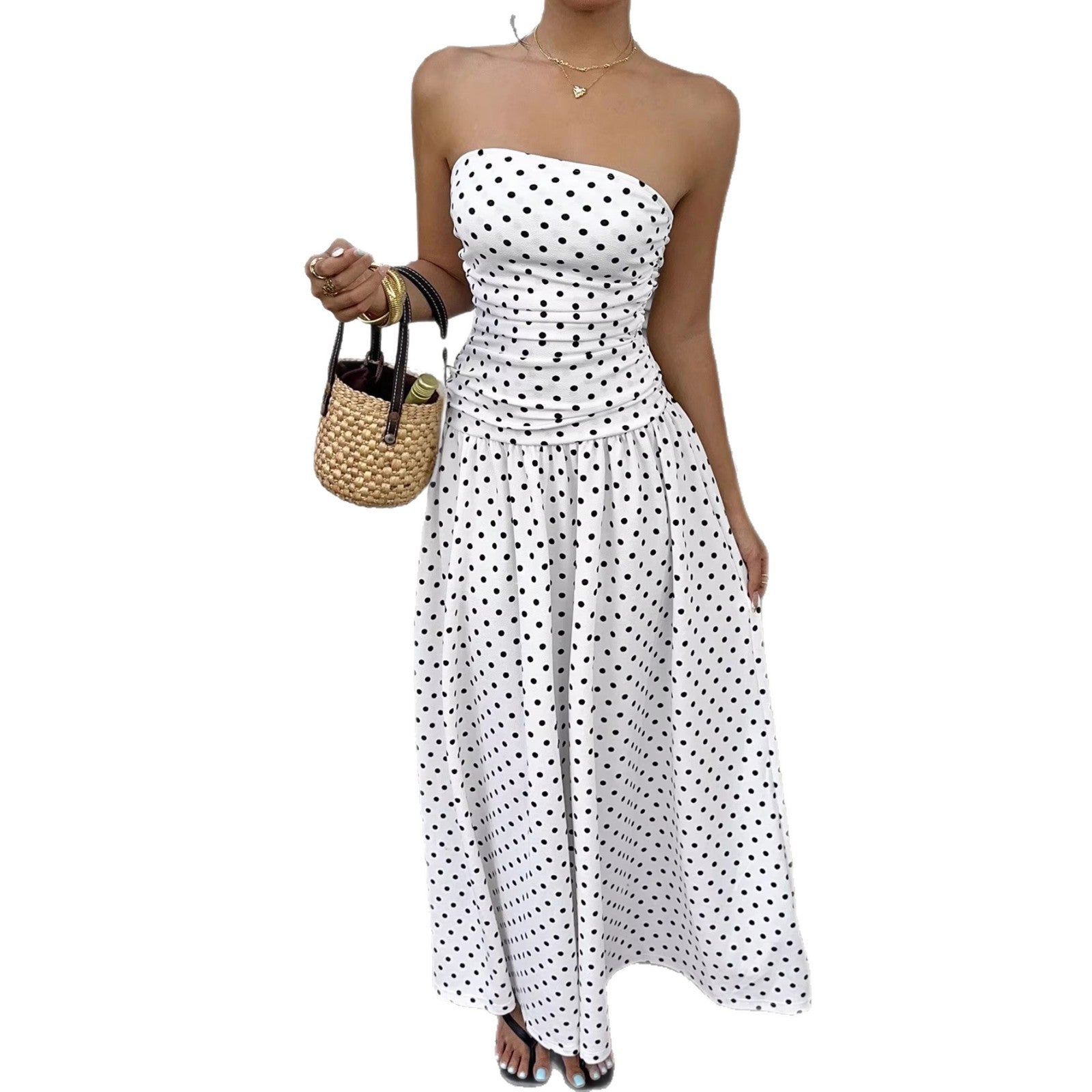 Elegant Polka Dot Off Shoulder Dress – Strapless High Waist Party Outfit