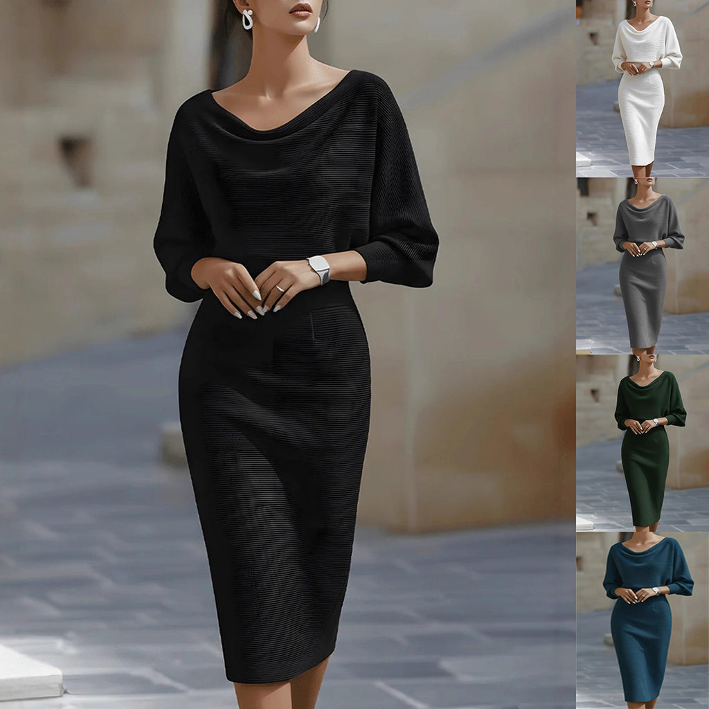 A woman modeling a fitted, elbow-sleeve midi dress with a wide draped neckline. The main view shows the dress in black, with a vertical strip on the right showing the same dress style in white, gray, green, and blue.