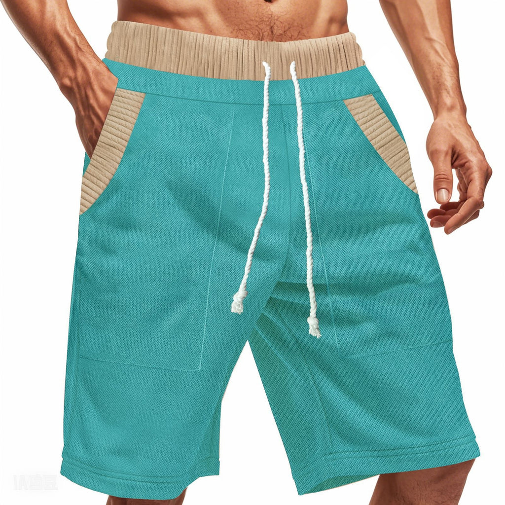 Teal shorts with beige accents and a drawstring on a white background
