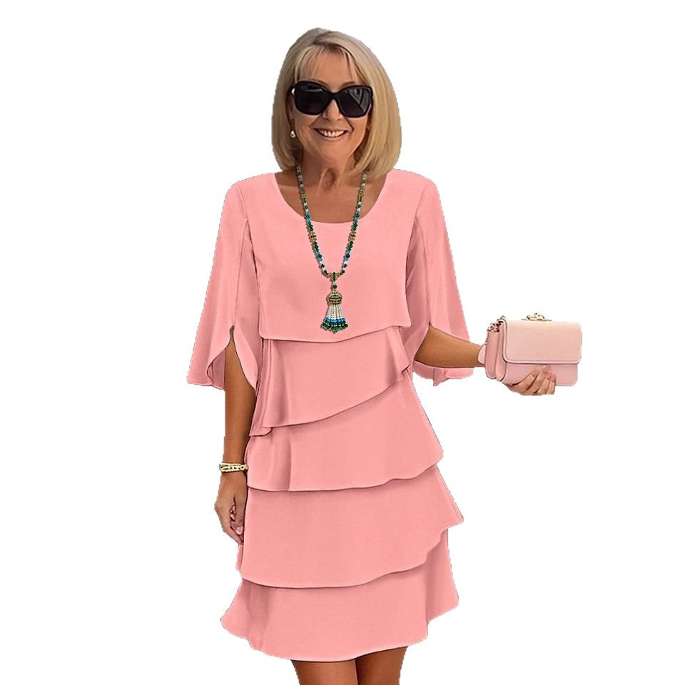 Round Neck Patchwork Cake Skirt Midi Dress for Women