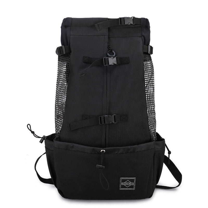 Black backpack with mesh side panels on a white background