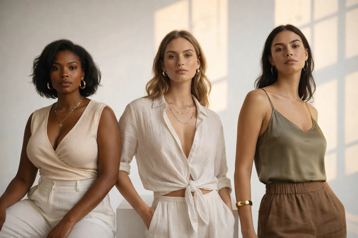 Three women wearing light-colored outfits in a bright room.