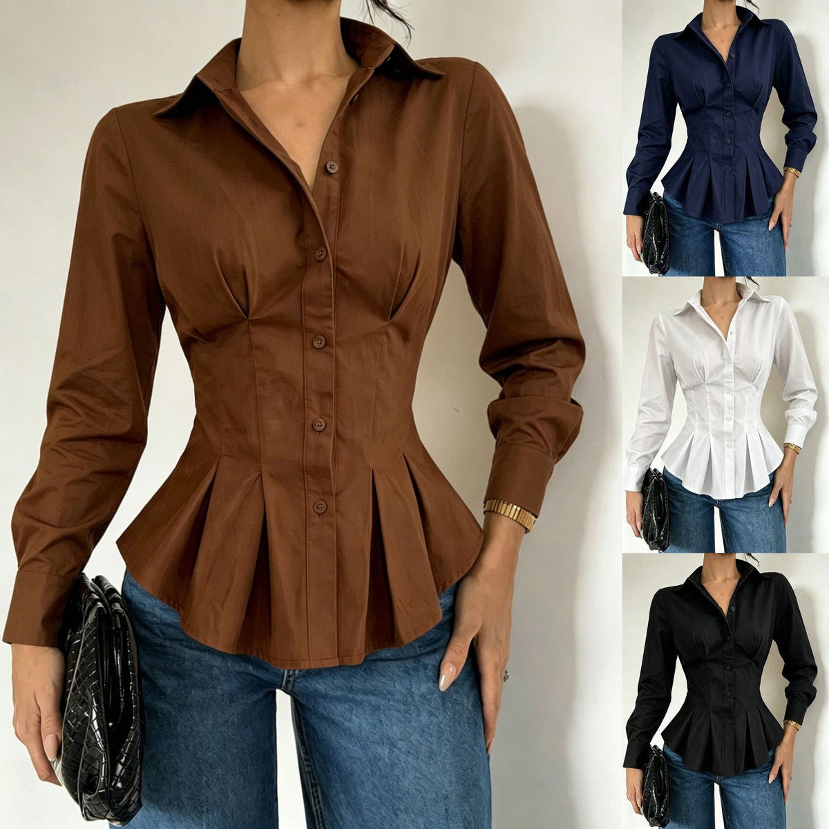 A women's long-sleeve peplum button-front blouse shown on a model, with four color variants displayed along the right side. The main featured color is brown, with additional options in navy blue, white, and black.