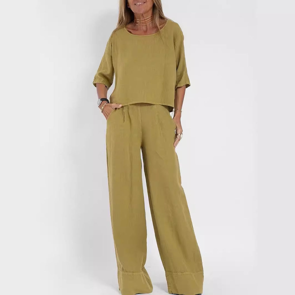 Cotton Linen Casual Pants Suit | Wide Leg