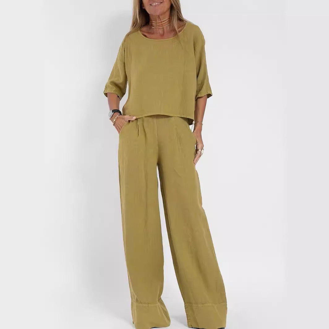 Cotton Linen Casual Pants Suit | Wide Leg