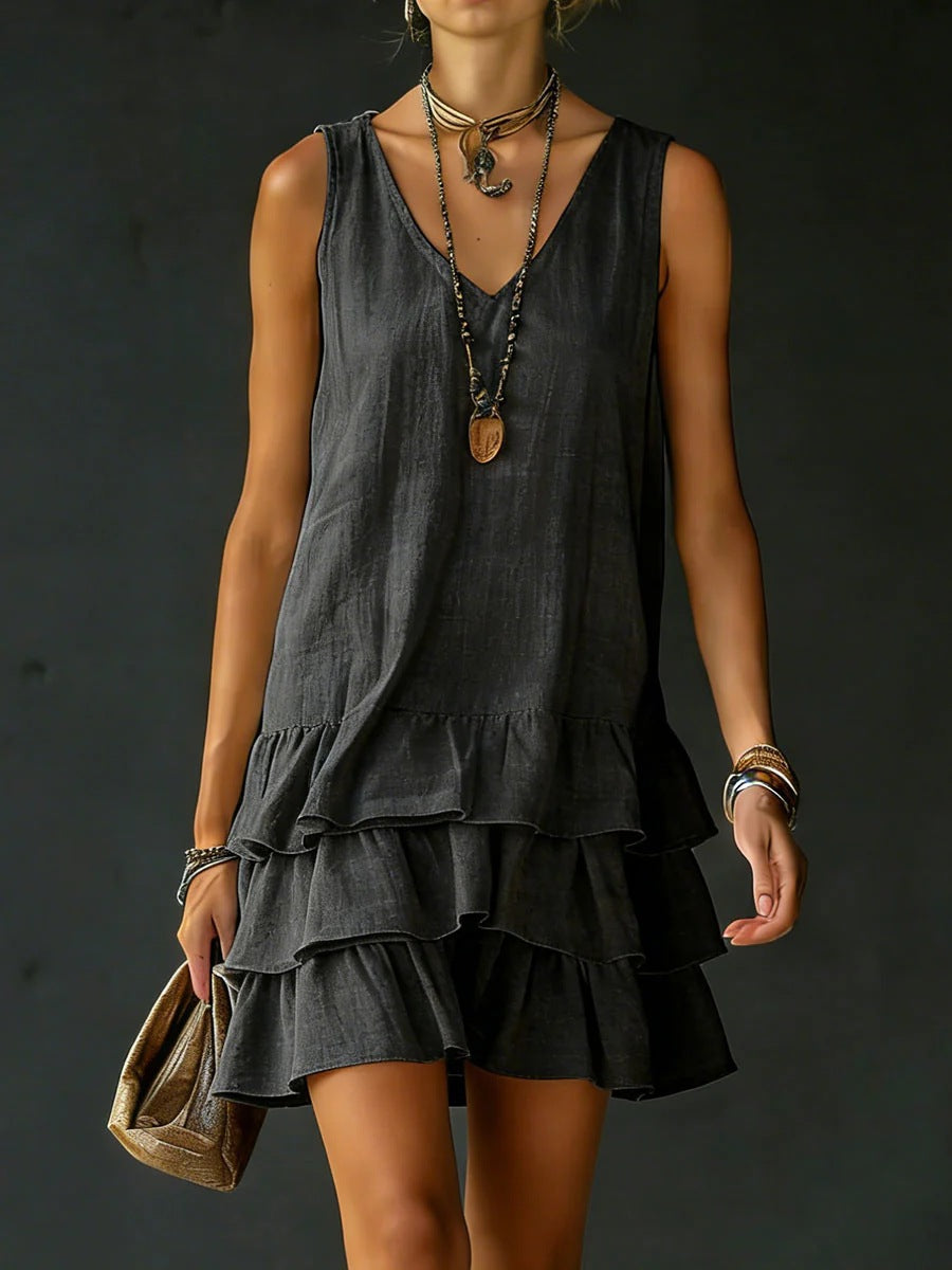 V-Neck Cotton Linen Women's Sleeveless Dress – Fashionable Mid-Length Straight Sundress