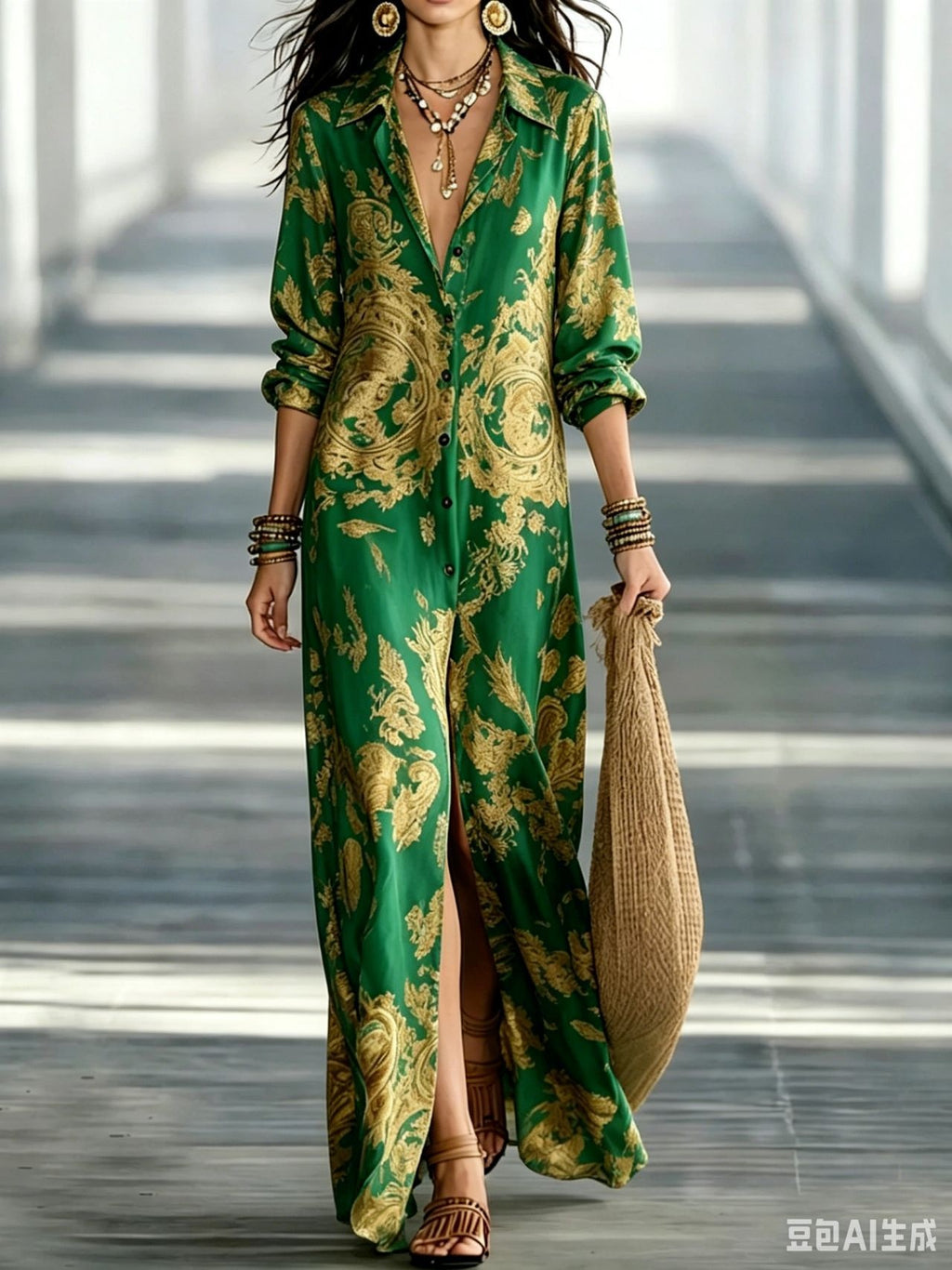 A woman modeling a long-sleeved green satin-like maxi dress with a gold baroque pattern, standing against a plain white background.