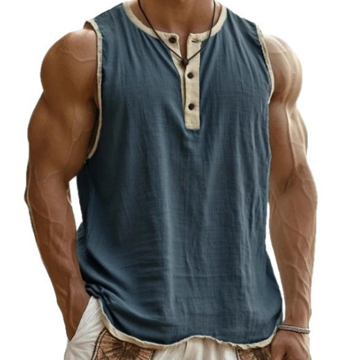 Blue sleeveless shirt with beige trim worn by a muscular person on a white background