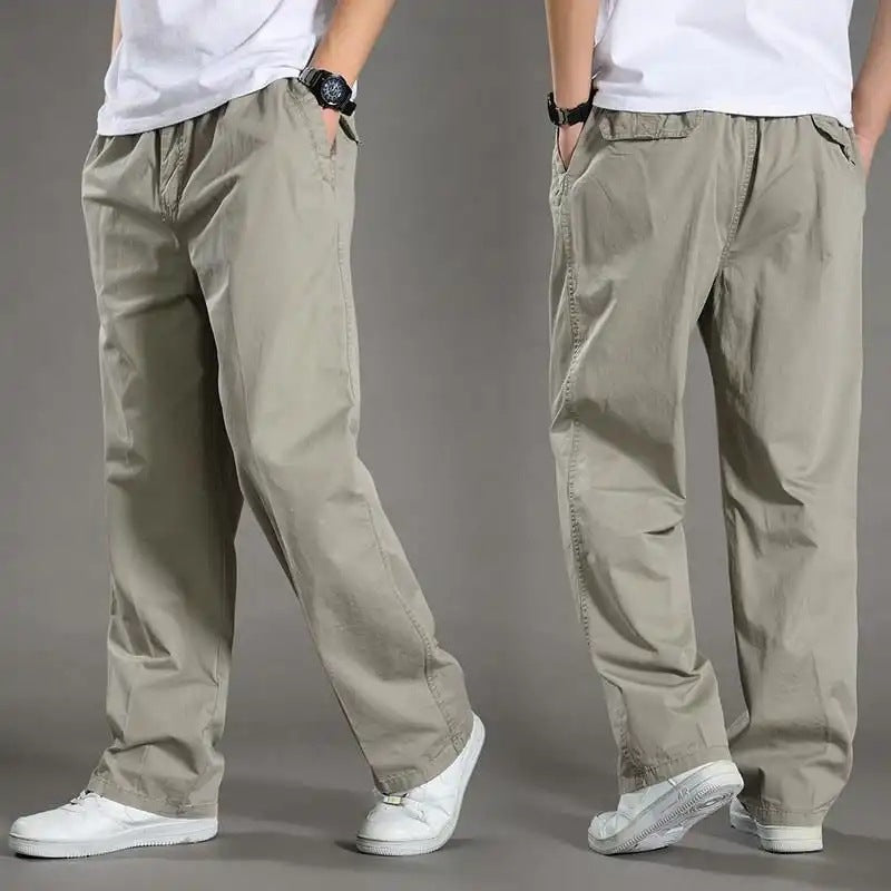 Two views of beige pants worn by a person on a gray background