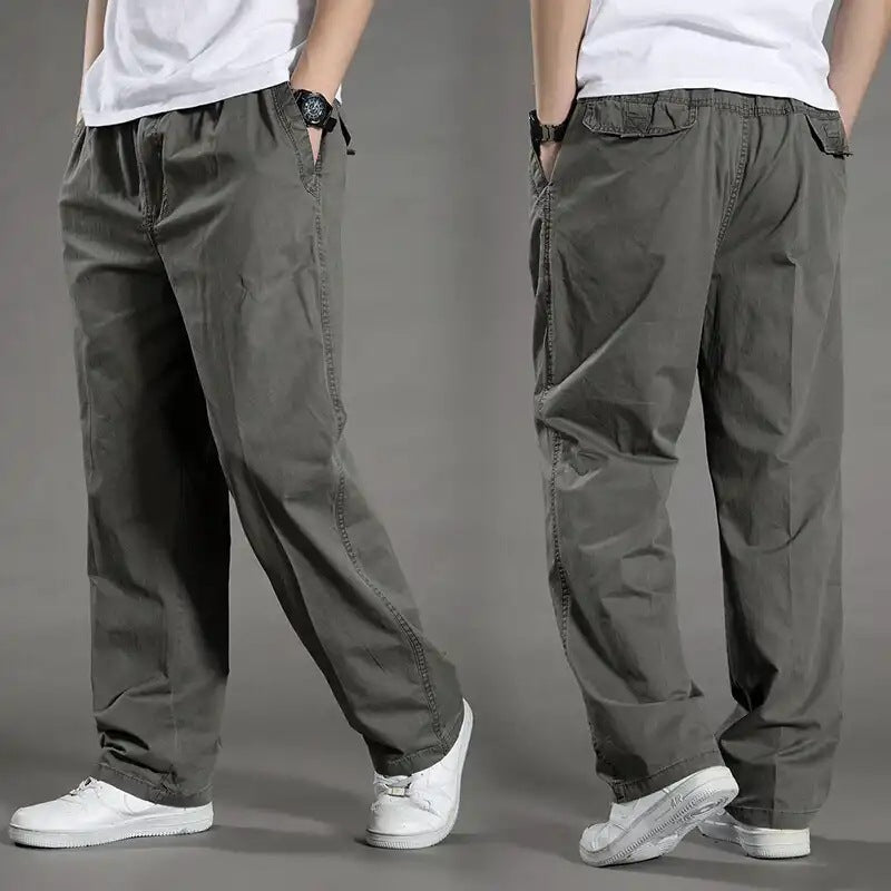 Two views of gray cargo pants on a person against a gray background