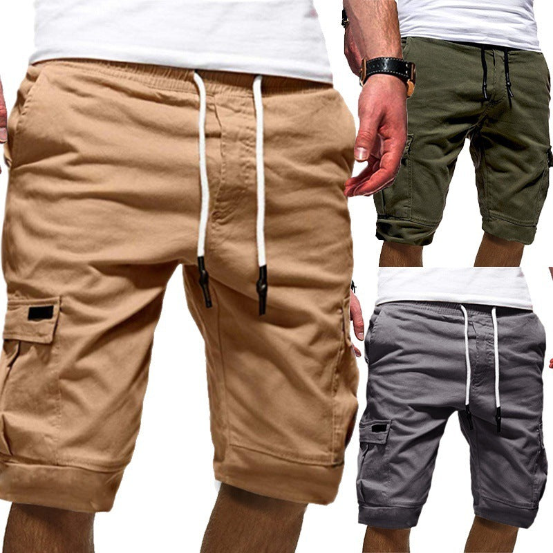 Three pairs of cargo shorts in beige, green, and gray on a white background.